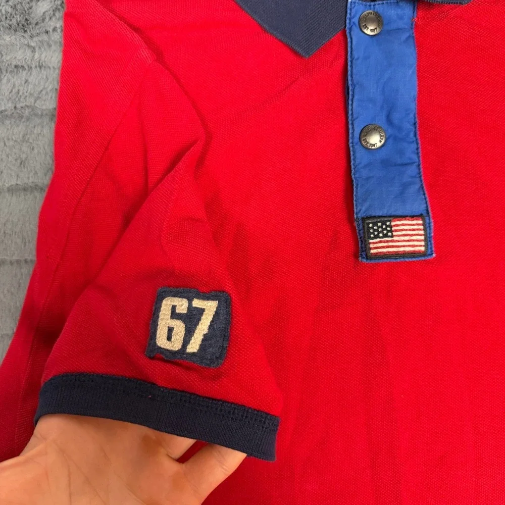 Polo Ralph Lauren Red Big Pony Polo Shirt Mens XXL Custom Fit Navy Trim 67 Patch